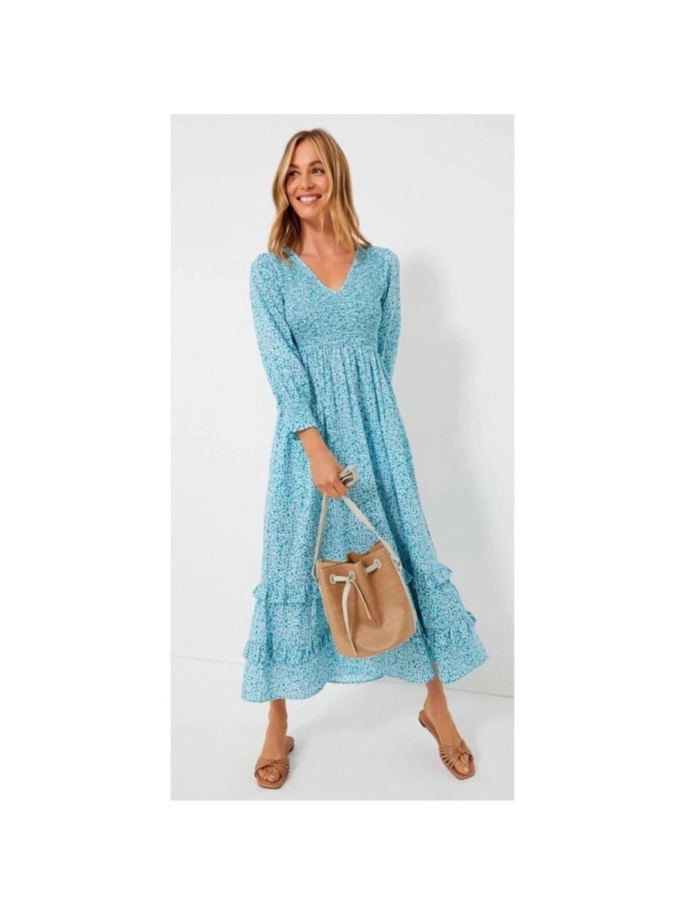 Pink City Prints Ocean Ditsy Isabel V Neck Dress Smocked Maxi Long Sleeve Sz L